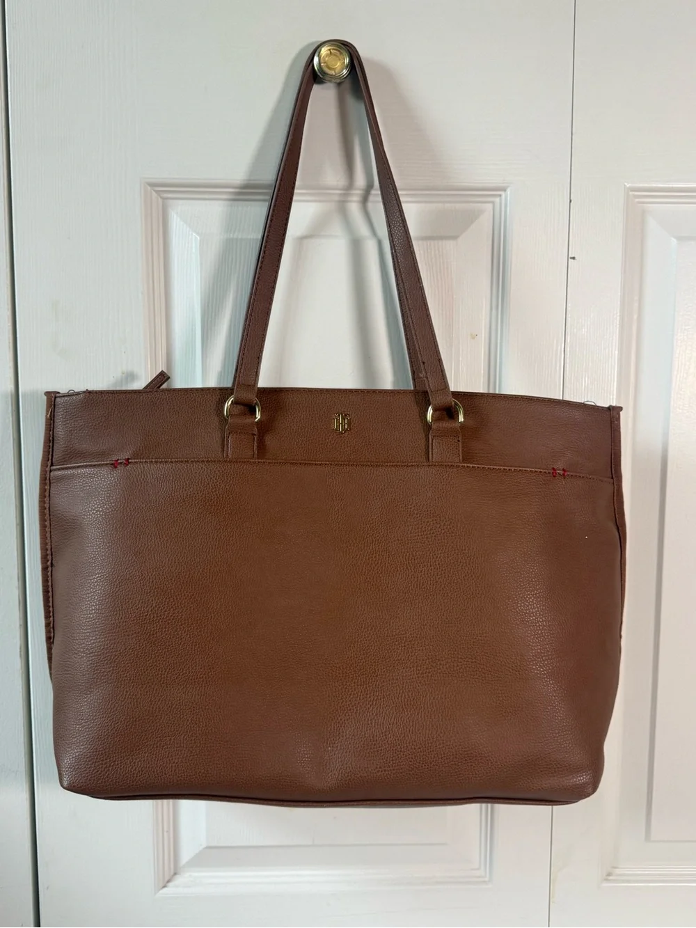 Tommy Hilfiger Brown Pebbled Faux Leather Large Work Tote Laptop Shopper Bag